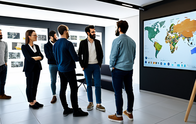 **

"A diverse group of people collaborating around a digital display showcasing Wikipedia's homepage. The setting is a modern co-working space in Barcelona. Everyone is fully clothed in appropriate attire. Safe for work, perfect anatomy, natural poses, high-quality rendering, professional illustration."

**