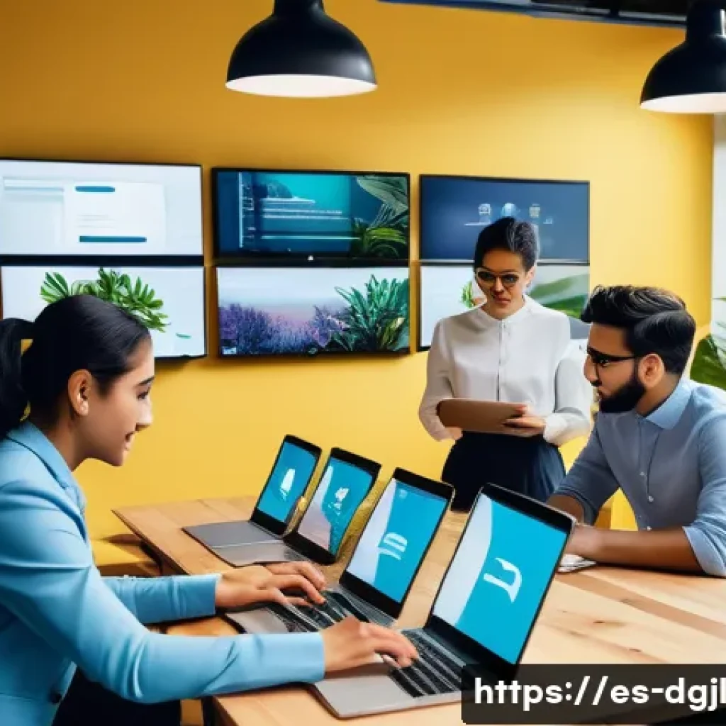 디지털 공유지의 경제적 이점 - A vibrant digital workspace showing a diverse group of professionals from Latin America collaboratin...