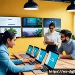 디지털 공유지의 경제적 이점 - A vibrant digital workspace showing a diverse group of professionals from Latin America collaboratin...