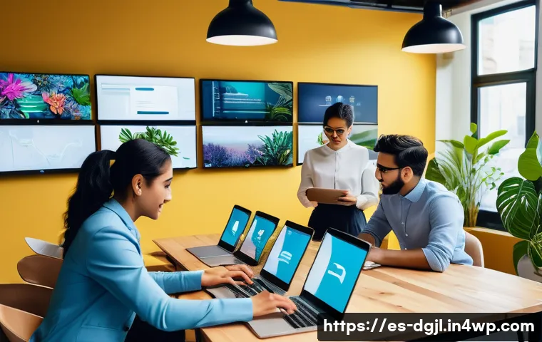 디지털 공유지의 경제적 이점 - A vibrant digital workspace showing a diverse group of professionals from Latin America collaboratin...