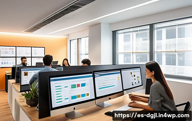 디지털 공유지 보호를 위한 법적 프레임워크 - A modern digital workspace with diverse professionals collaborating on cloud-based platforms, showin...
