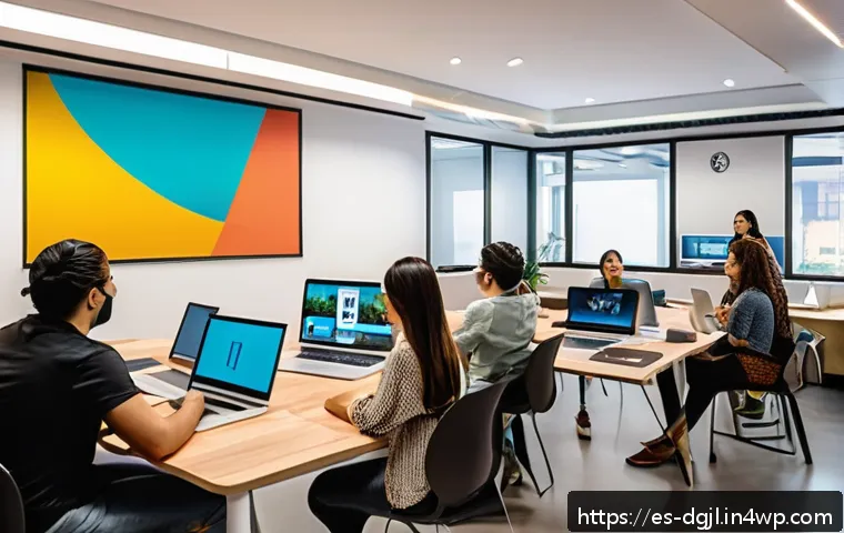 디지털 공유지와 디지털 인권 - A diverse group of Latin American adults in a modern coworking space, attentively participating in a...