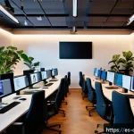 Home 19 디지털 공유지의 비즈니스 모델 혁신 - A vibrant digital workspace scene showing diverse Spanish professionals collaborating online using a...