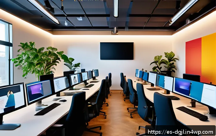 디지털 공유지의 비즈니스 모델 혁신 - A vibrant digital workspace scene showing diverse Spanish professionals collaborating online using a...