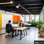 Home 18 디지털 공유지의 온 오프라인 통합 - A modern coworking space in a vibrant urban setting in Spain, featuring young professionals collabor...