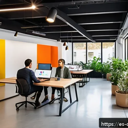 Home 30 디지털 공유지의 온 오프라인 통합 - A modern coworking space in a vibrant urban setting in Spain, featuring young professionals collabor...