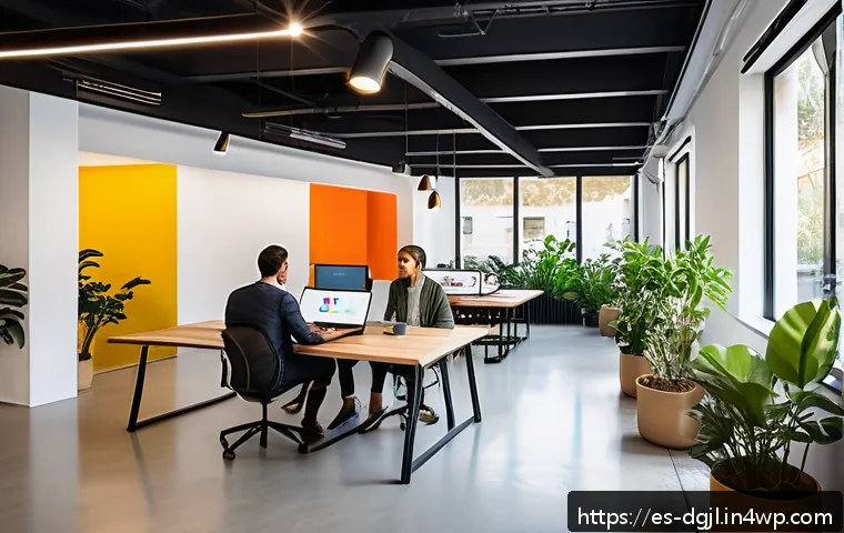 디지털 공유지의 온 오프라인 통합 - A modern coworking space in a vibrant urban setting in Spain, featuring young professionals collabor...